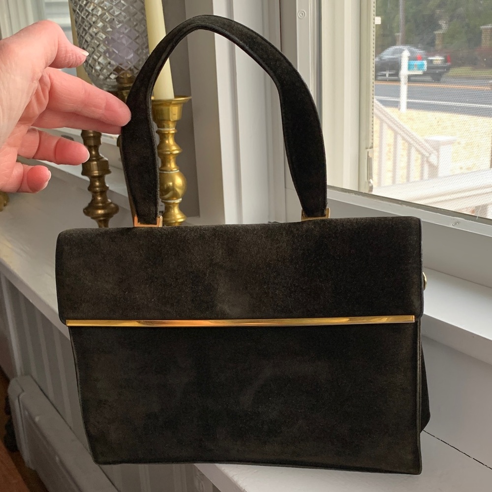 Vintage Koret Dark Green suede leather and gold brass handbag purse